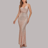 Sequins Wrap Ruched Sleeveless Cami Evening Dress