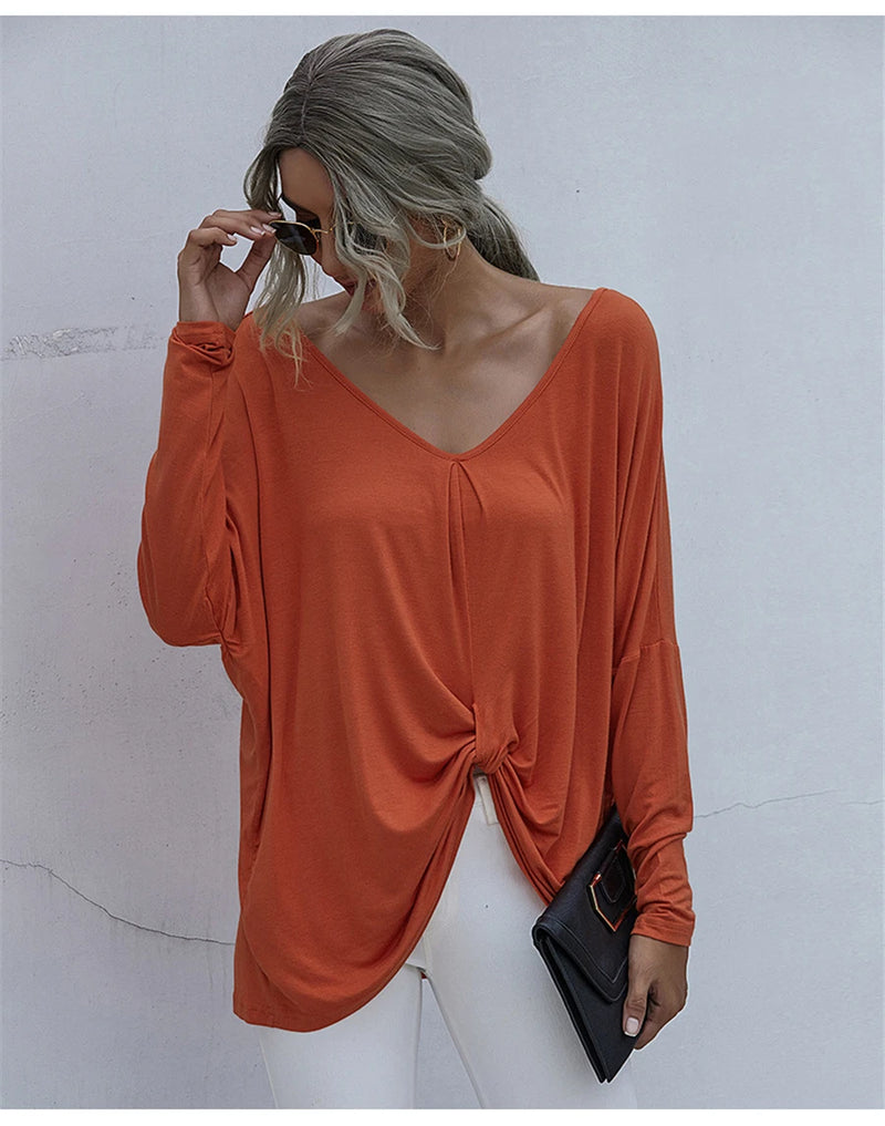 Oversize Long Sleeve Top - V-neck Loose Knot Tops Tee