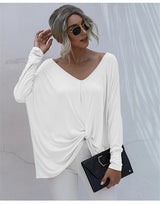 Oversize Long Sleeve Top - V-neck Loose Knot Tops Tee