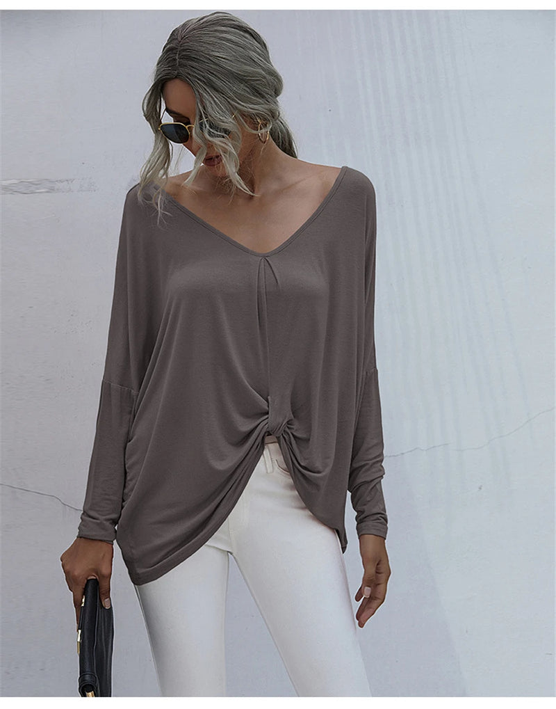 Oversize Long Sleeve Top - V-neck Loose Knot Tops Tee