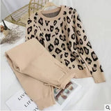 Long Sleeve Knit Leopard Pullover Sweater + Pants Set