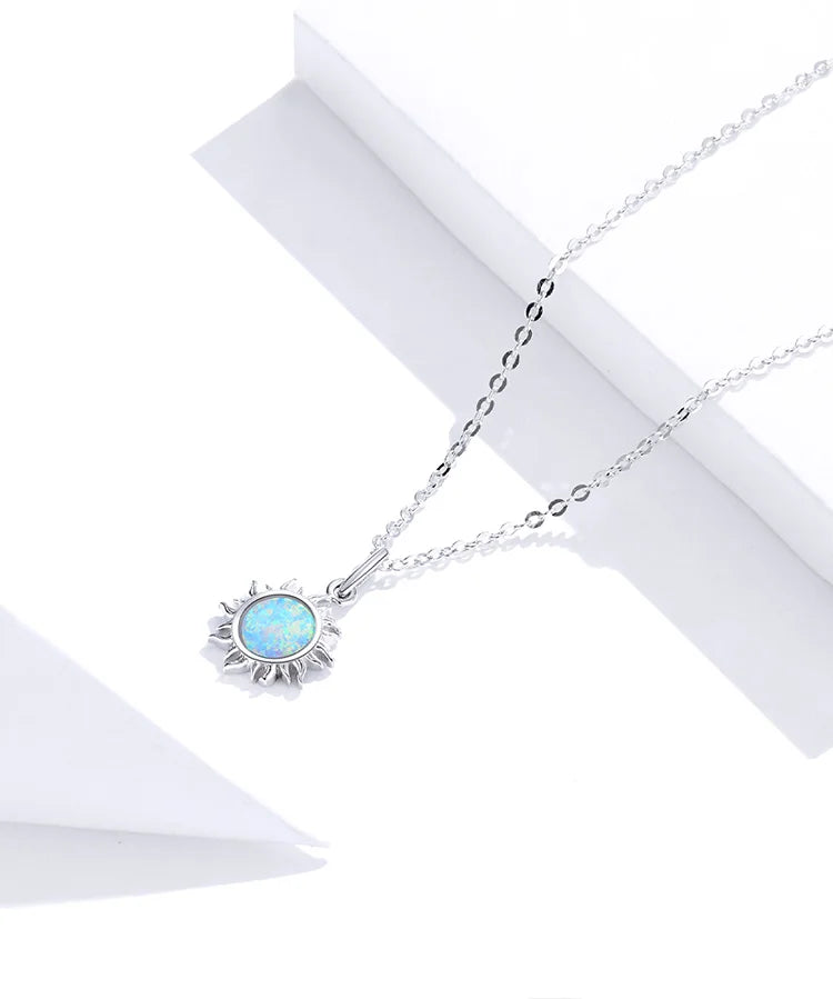 925 Sterling Silver White Opal Sun Pendant Necklace