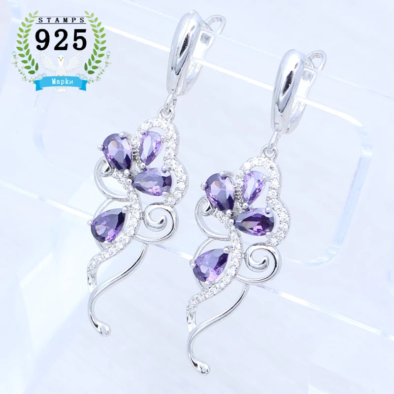 Amethyst Earrings Plant Flower Shape 925 Sterling Silver Earrings