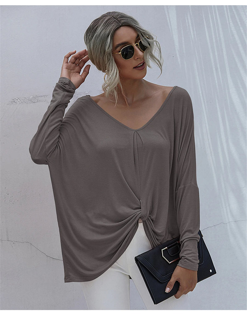 Oversize Long Sleeve Top - V-neck Loose Knot Tops Tee