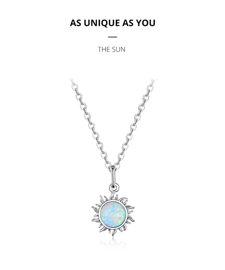 925 Sterling Silver White Opal Sun Pendant Necklace