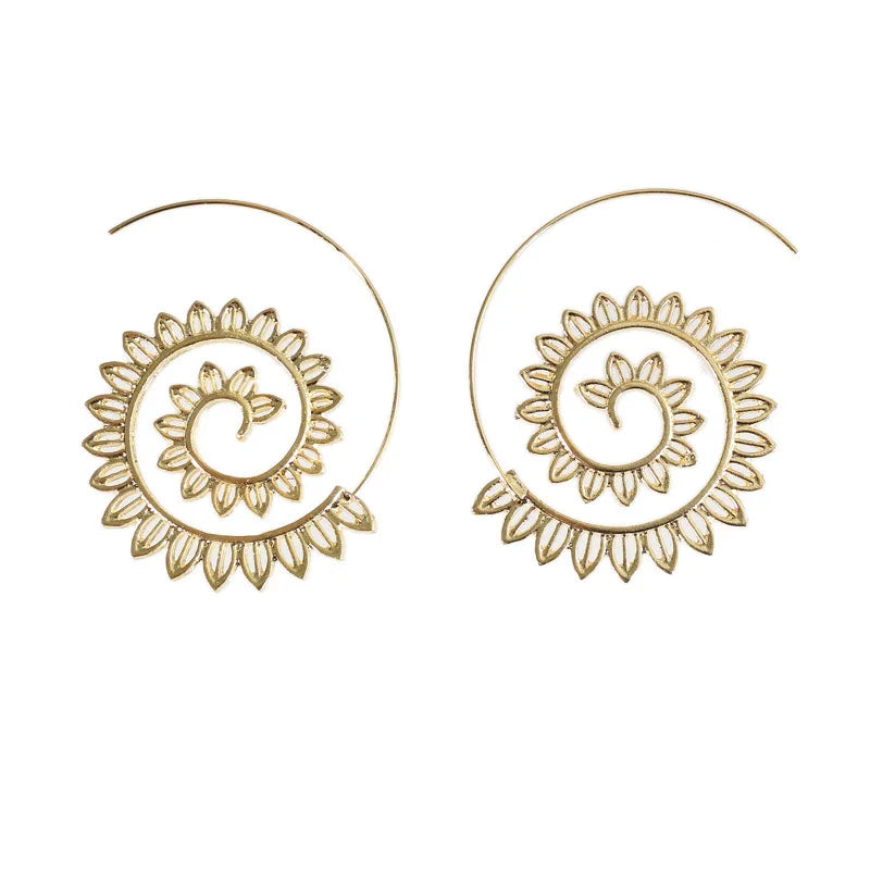 Indian Spiral Lotus Flower Surya Leaf Heart Earrings - Hoop Earrings