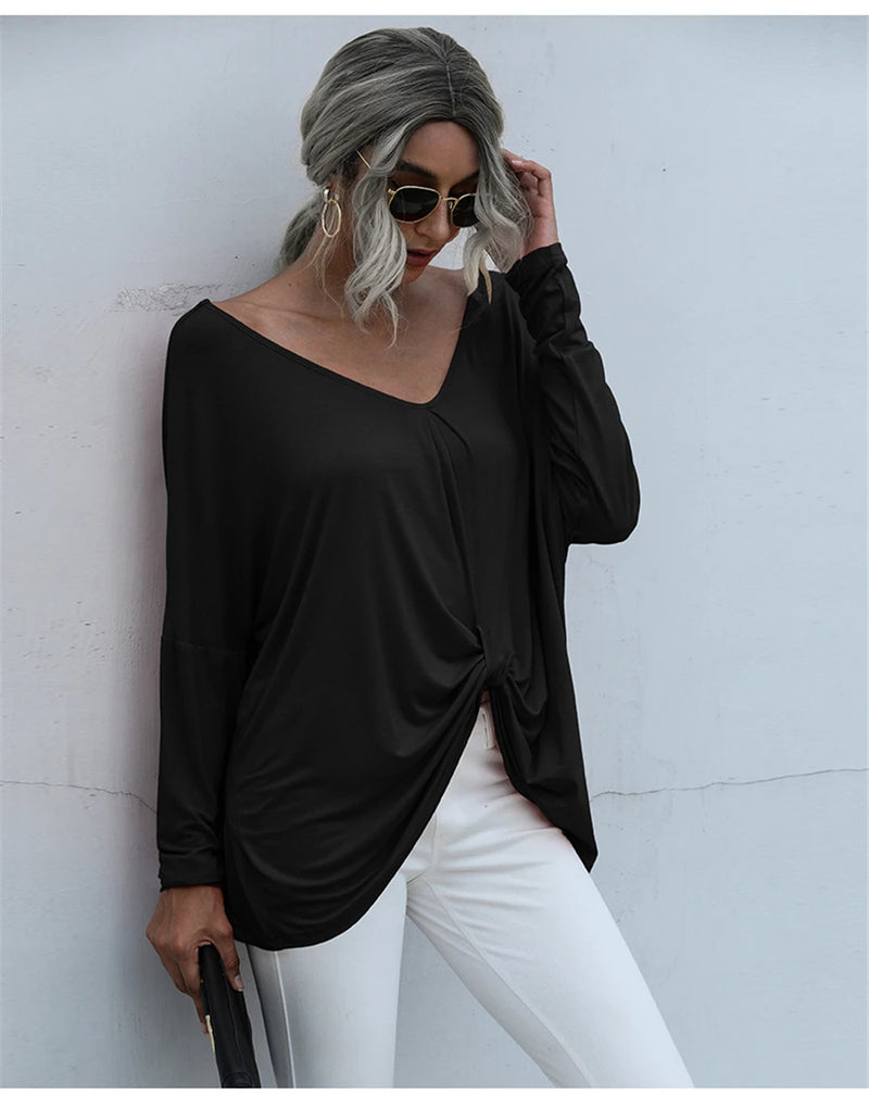 Oversize Long Sleeve Top - V-neck Loose Knot Tops Tee