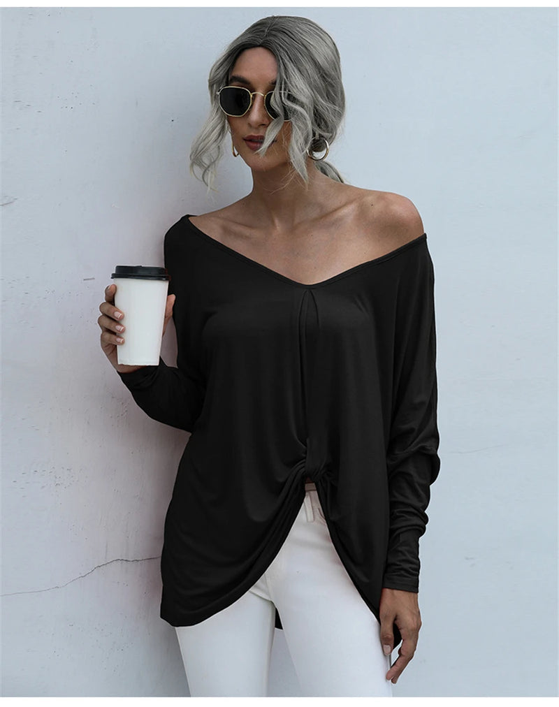 Oversize Long Sleeve Top - V-neck Loose Knot Tops Tee