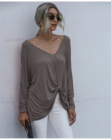 Oversize Long Sleeve Top - V-neck Loose Knot Tops Tee