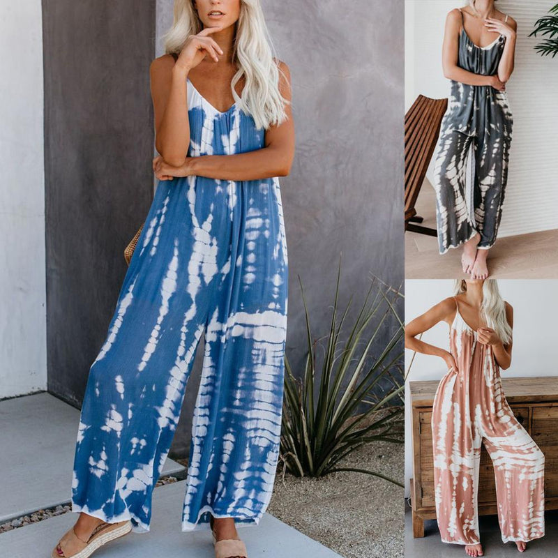 Tie Dye Stripe Print Wide Leg Sling Suspender Romper