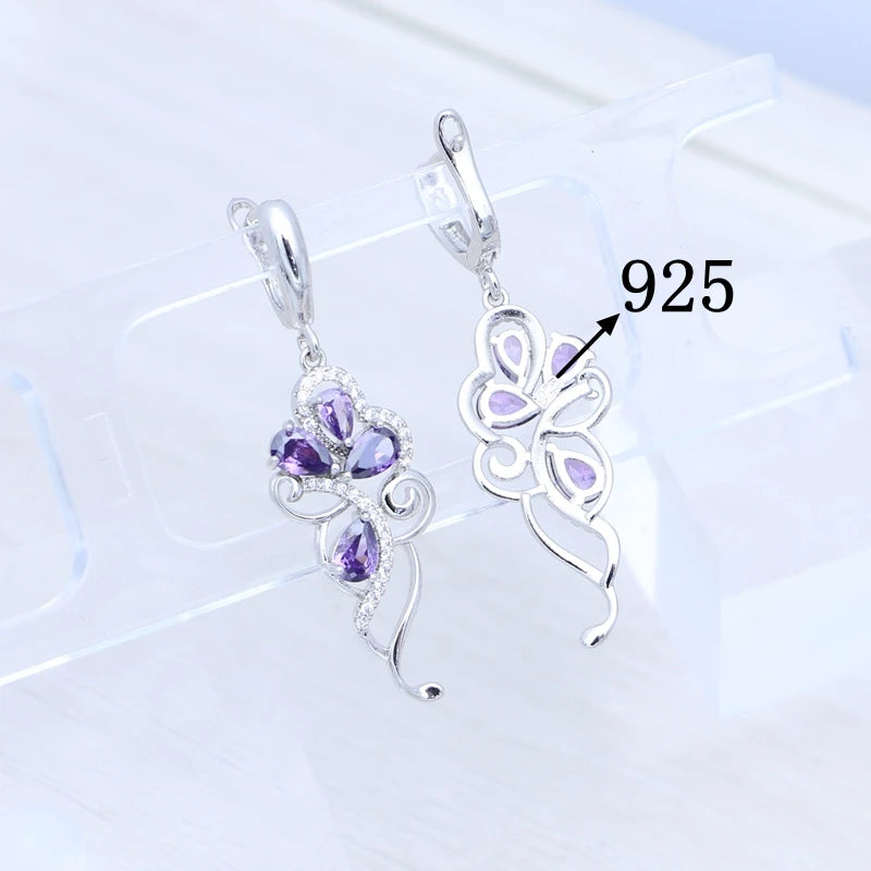 Amethyst Earrings Plant Flower Shape 925 Sterling Silver Earrings