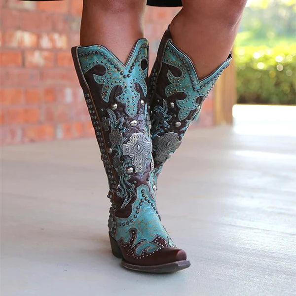 Chic Embroidered Lace-Up Mid-Calf Boots