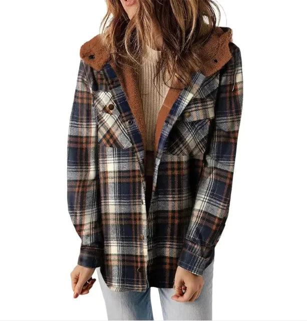 Casual Plaid Hooded Woolen Coat