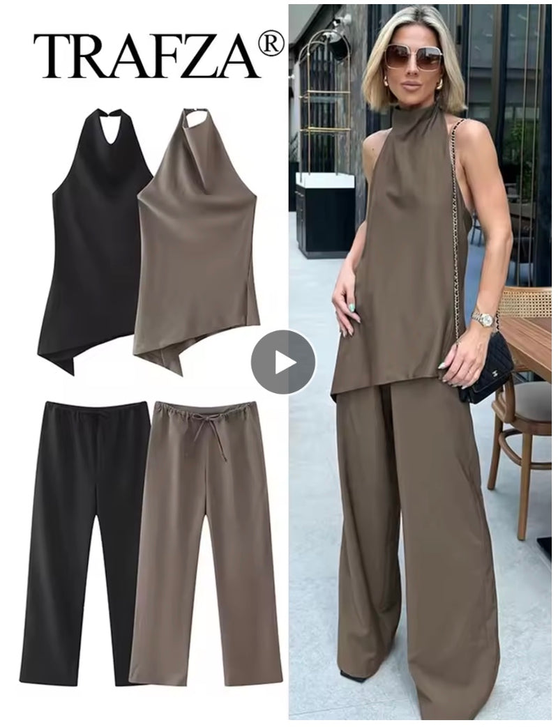 Asymmetric Halter Tank Tops and Straight Pant Sets