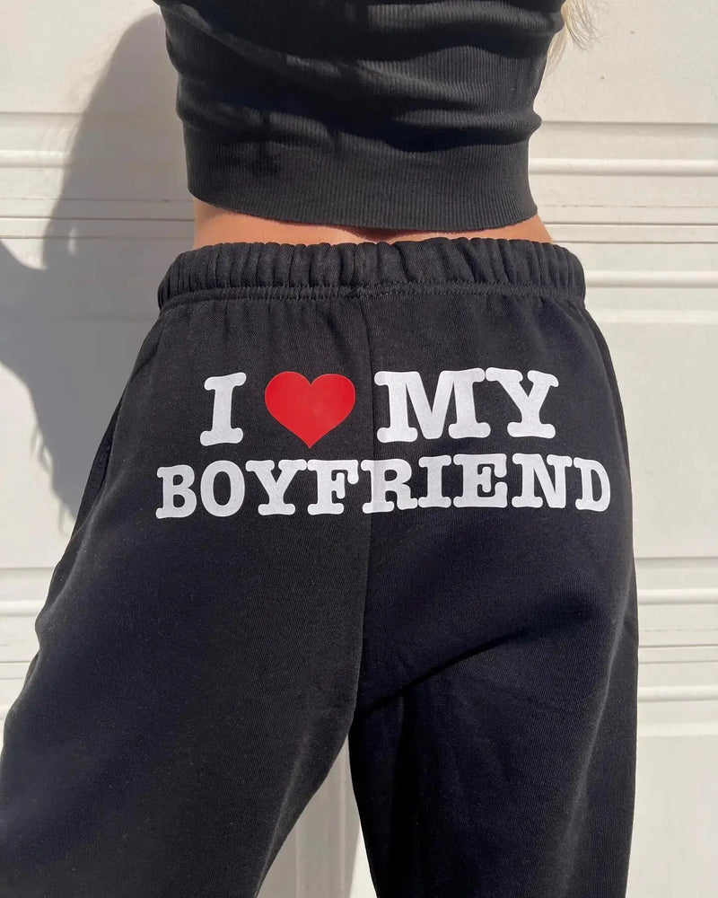 "I Love My Boyfriend" Drawstring Baggy Trousers