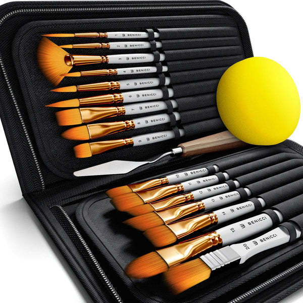 Artist Paint Brush Set of 16 - Includes Spatula Palette Knife, Sponge & Organizing Case