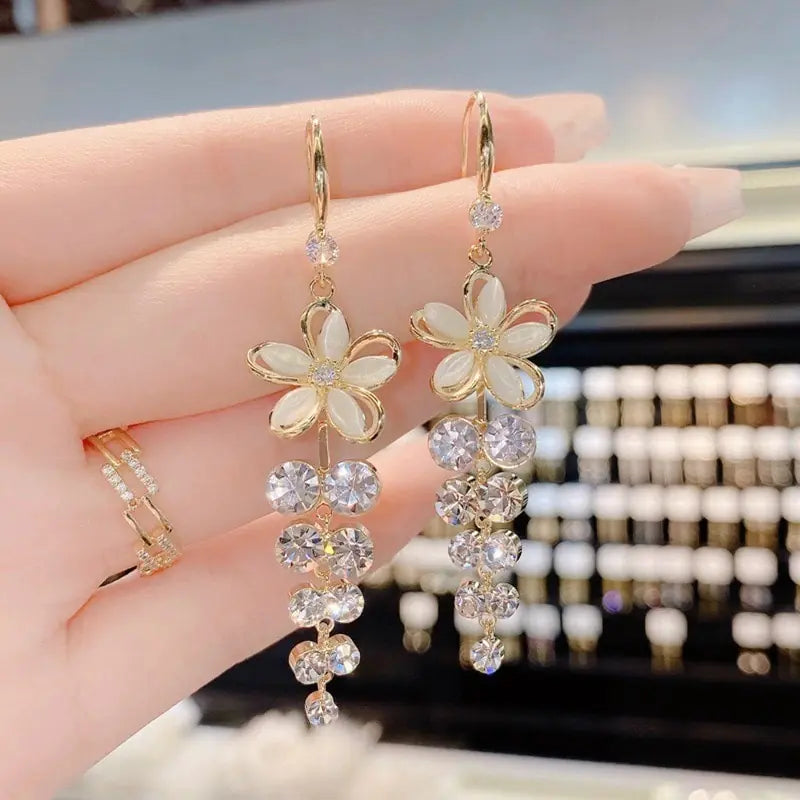 Opal Flower Tassel Earrings