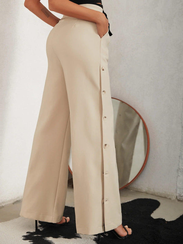 Side Button Pleated Wide Leg Pants - The Next Door Neighbor 