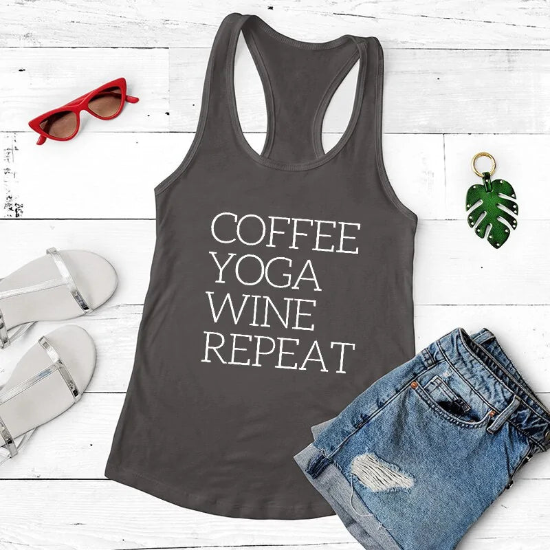 Repeat Coffee, Yoga, Wine: Funny Racerback Tank for Gym and Summer Workouts