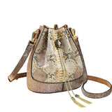 One-Shoulder Drawstring Leather Snake Pattern Bag