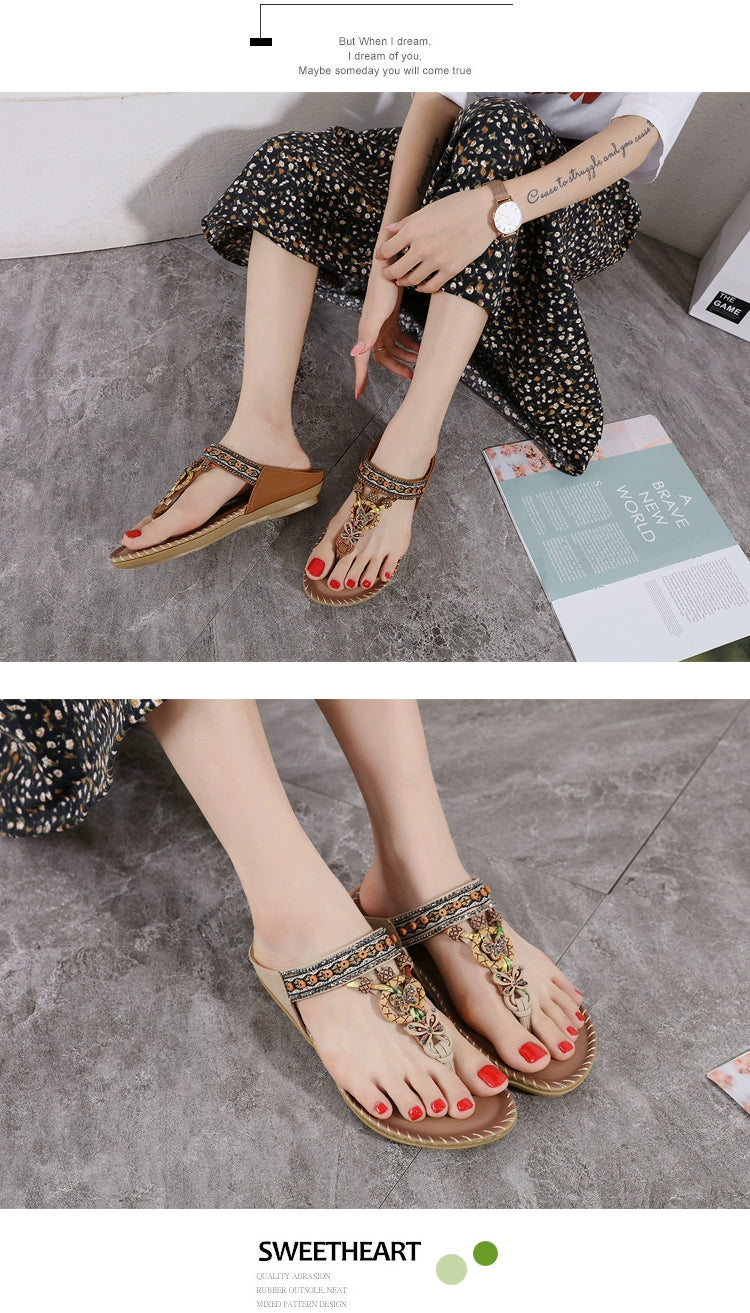 Ethnic Style Beaded Flat Bottom Flip-Flops