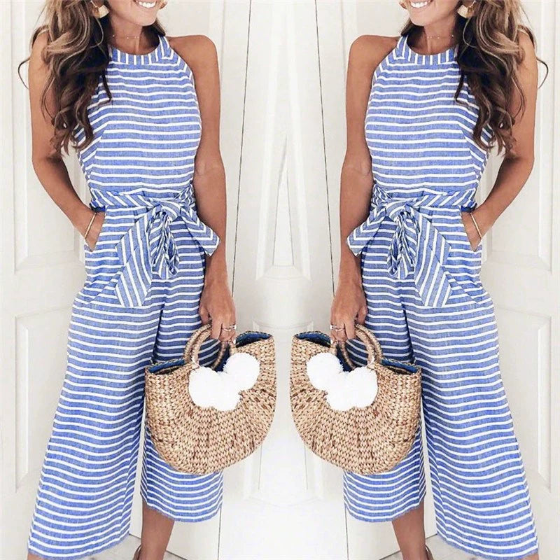 Sleeveless Striped Jumpsuit Casual Wide Leg Pants