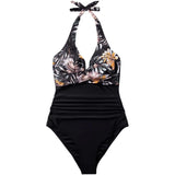 One-Piece Multicolor Print Stitched Backless Halter Lace-up Swimsuit