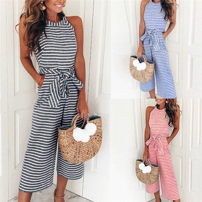 Sleeveless Striped Jumpsuit Casual Wide Leg Pants