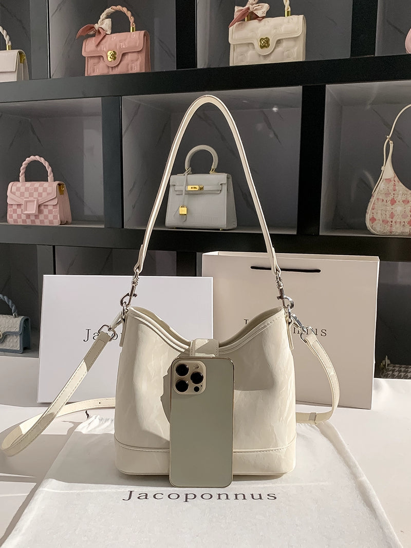 Genuine Leather Crossbody White Bucket Bag