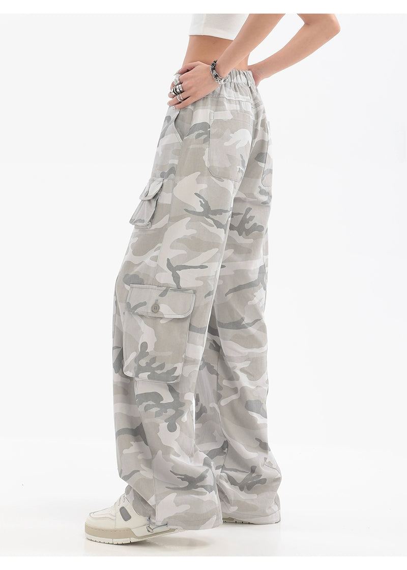 Hip Hop Gray Camouflage Wide Leg Straight Cargo Pants