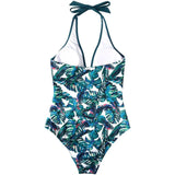 One-Piece Multicolor Print Stitched Backless Halter Lace-up Swimsuit