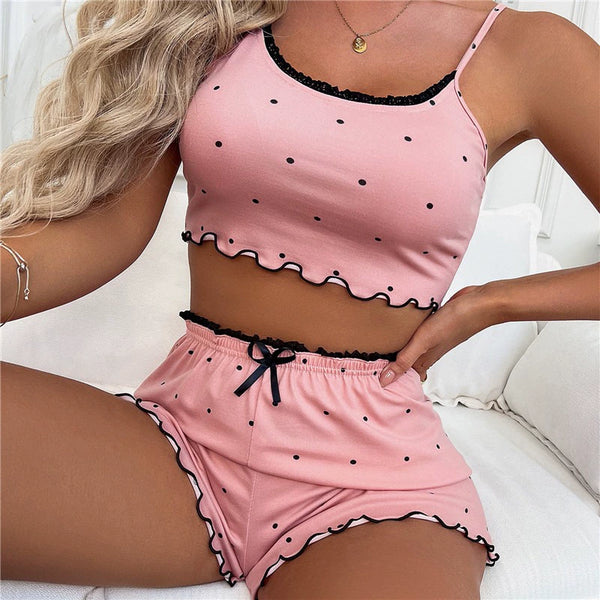 Women's Pajama Set - V-Neck Crop Top and Suspender Shorts