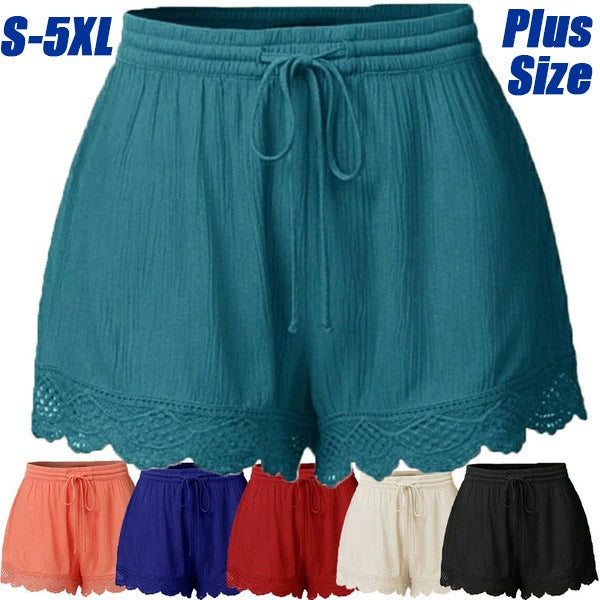 Women's Summer Ribbed Fabric Lace Rope Tie Shorts