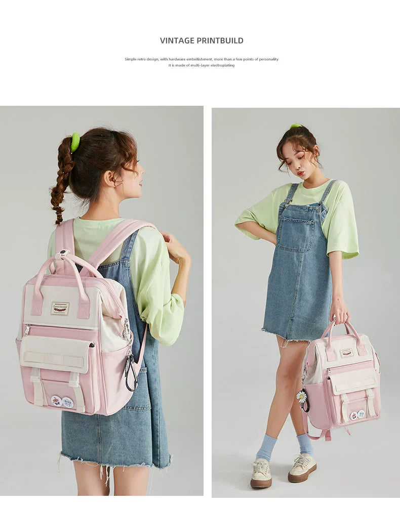 Pink and White Classic-Style Schoolbag Backpack