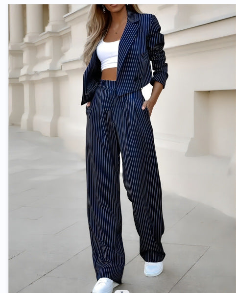 Long Sleeve Turn Down Collar Cardigan with Wide Leg Pants Set