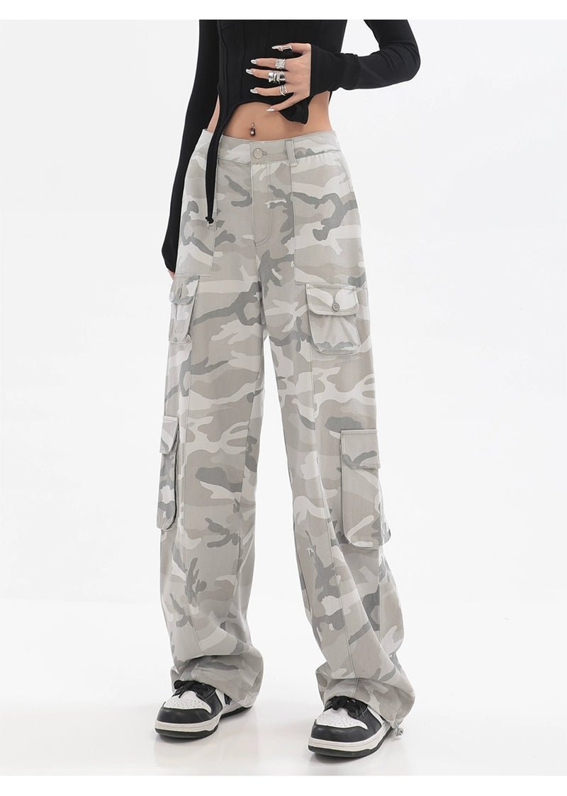 Hip Hop Gray Camouflage Wide Leg Straight Cargo Pants