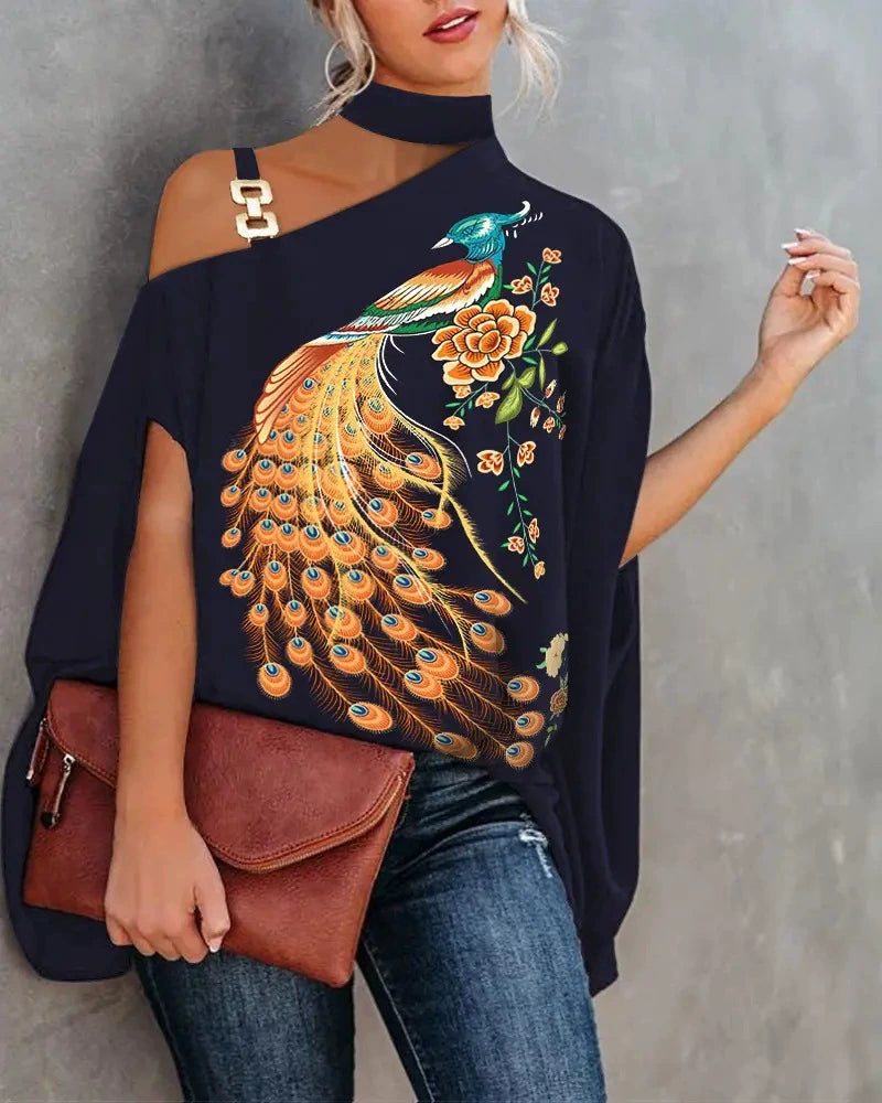 Halterneck Batwing Sleeve Print Shirt