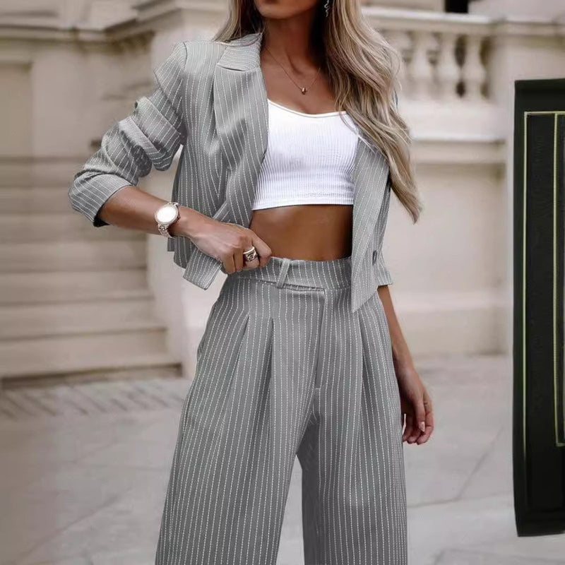 Long Sleeve Turn Down Collar Cardigan with Wide Leg Pants Set