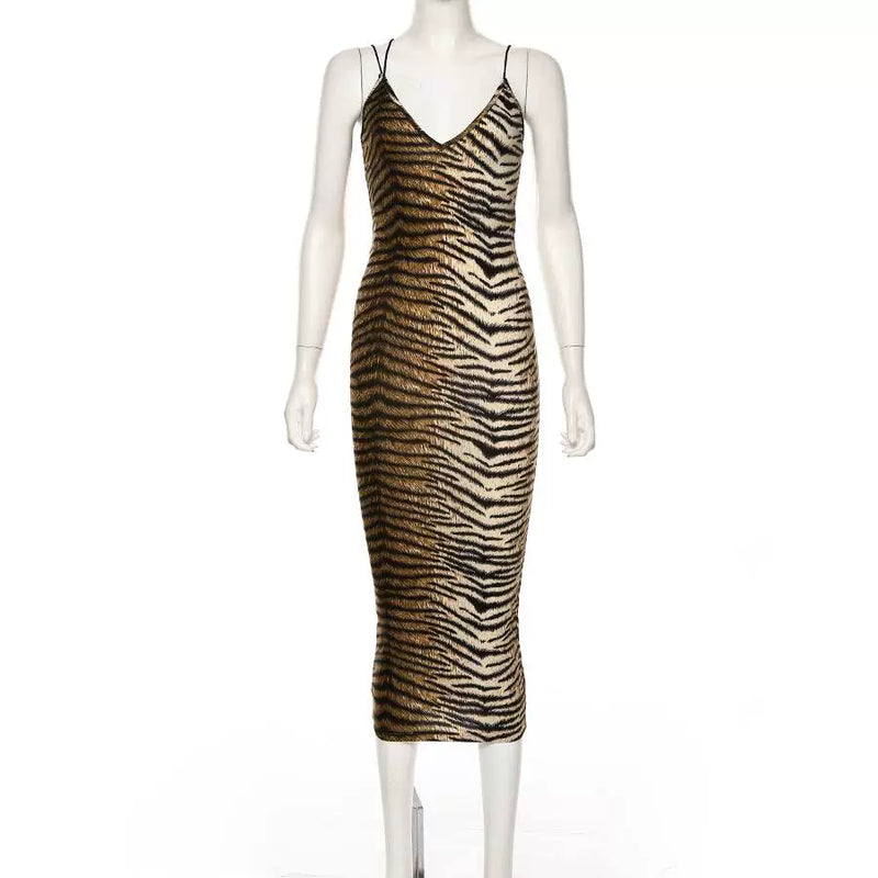 Elegant Oblique Shoulder Tiger Pattern Sheath Dress