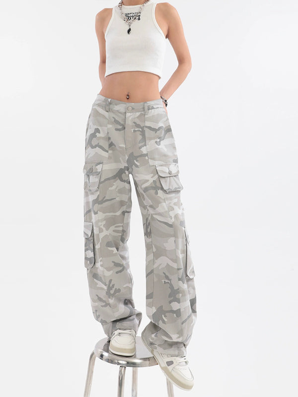 Hip Hop Gray Camouflage Wide Leg Straight Cargo Pants