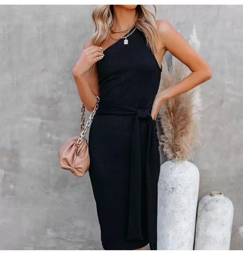 Oblique Collar Sleeveless Dress