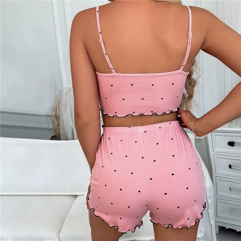 Women's Pajama Set - V-Neck Crop Top and Suspender Shorts