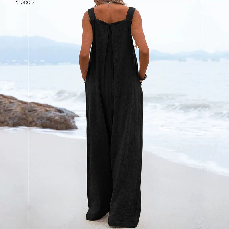 Solid Button Strap One-Piece Culotte