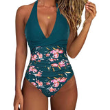 One-Piece Multicolor Print Stitched Backless Halter Lace-up Swimsuit