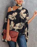 Halterneck Batwing Sleeve Print Shirt