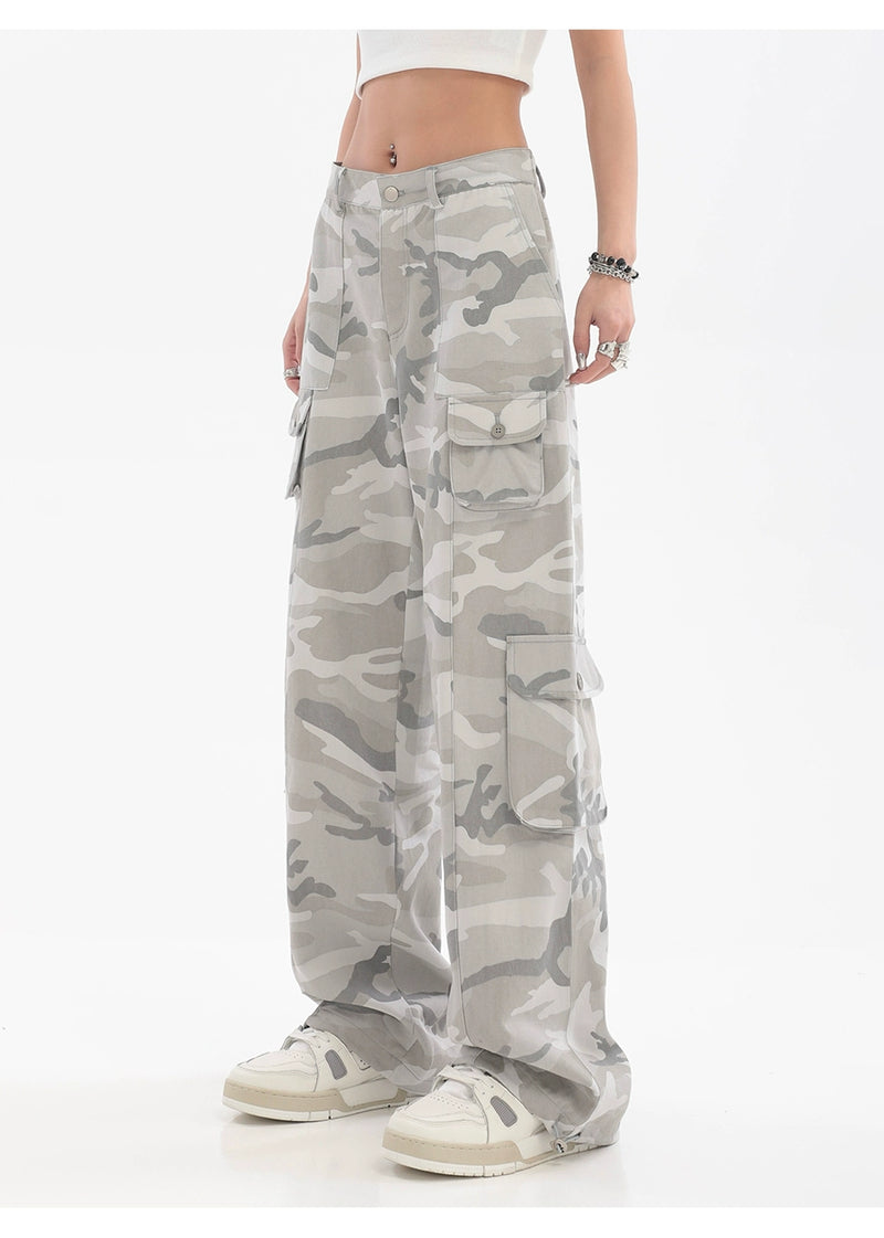 Hip Hop Gray Camouflage Wide Leg Straight Cargo Pants