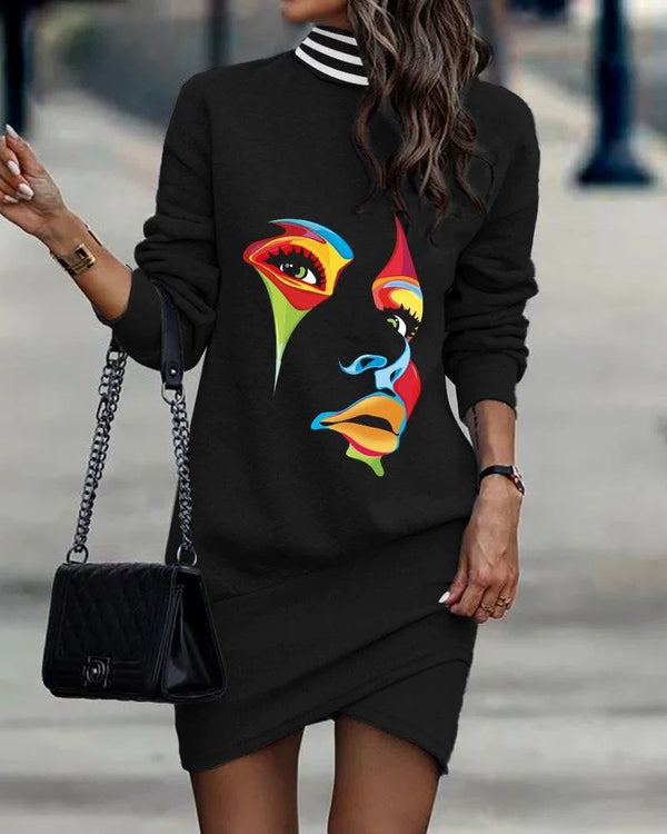 Trendy Long Sleeves Turtleneck Print Dress