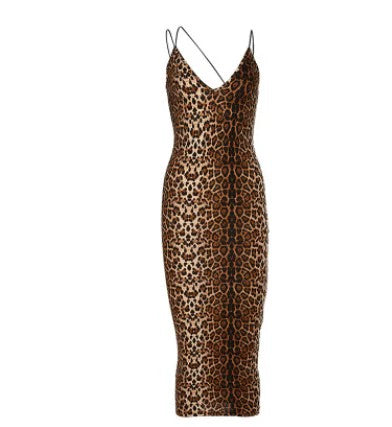 Elegant Oblique Shoulder Tiger Pattern Sheath Dress