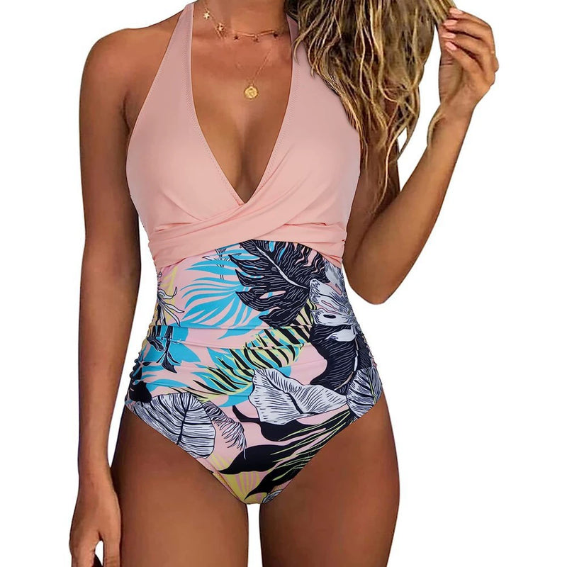 One-Piece Multicolor Print Stitched Backless Halter Lace-up Swimsuit