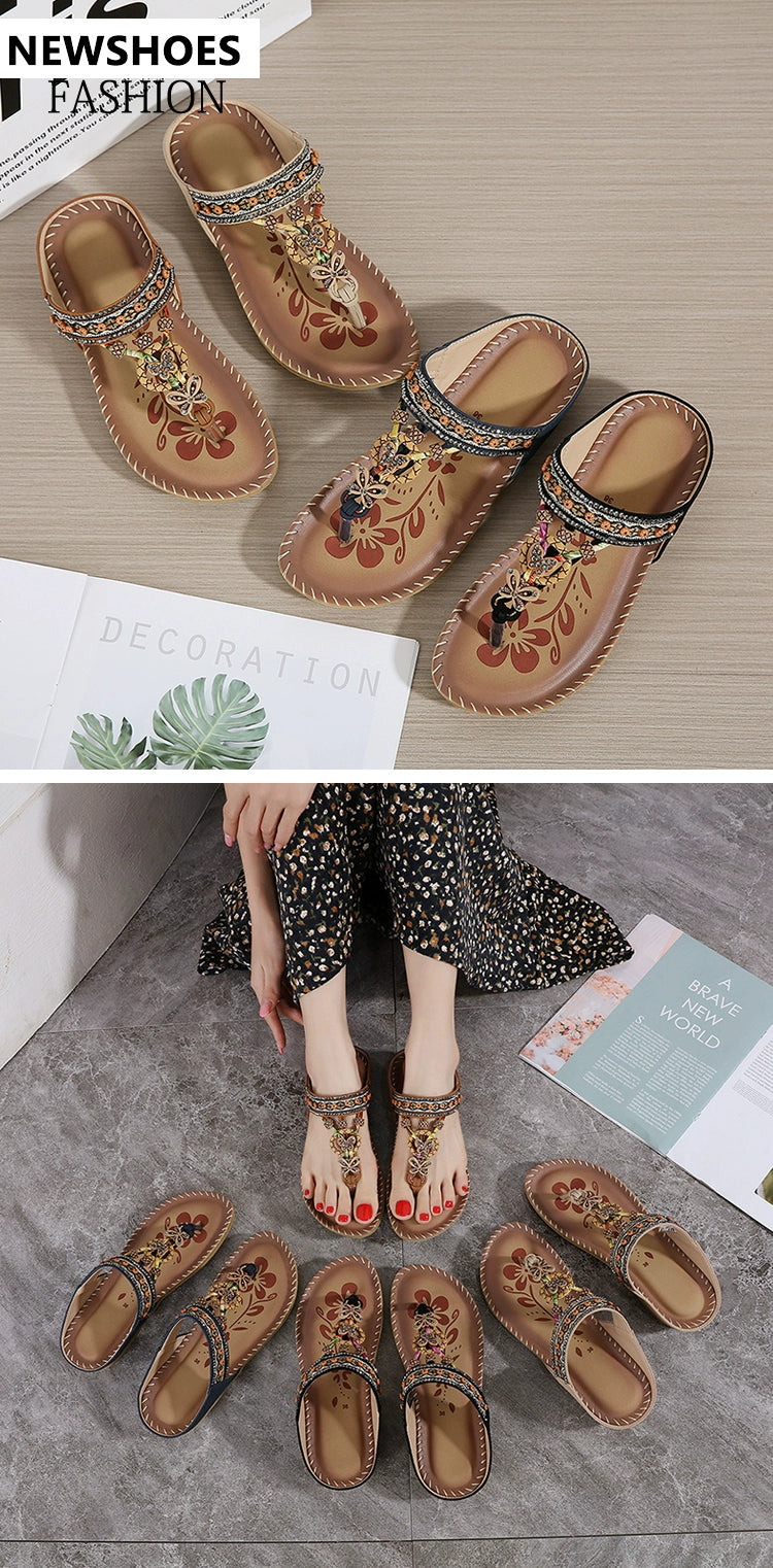 Ethnic Style Beaded Flat Bottom Flip-Flops